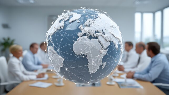 a group of business people in an office meeting room, with a digital globe and network connections to the world floating above them, with a meeting room background.