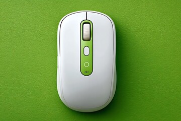 White wireless computer mouse with green scroll wheel and buttons on green background