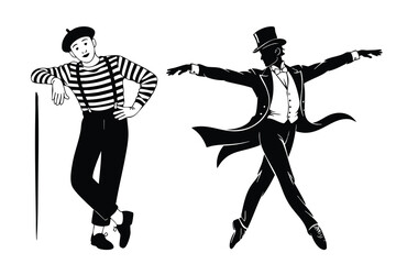 French Mime and Dapper Dancer Illustrations, Two Theatrical Figures: Beret Mime and Top Hat Performer, Vintage Style Performing Artists Duet, 
