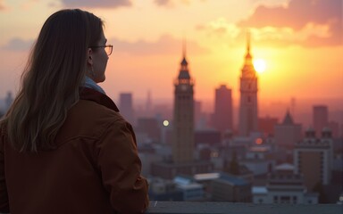 Young woman looking over the City of London at sun set. Future, new business opportunity and business success concept. High quality