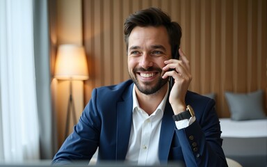 Cheerful businessman using phone sitting in hotel room on business trip. High quality