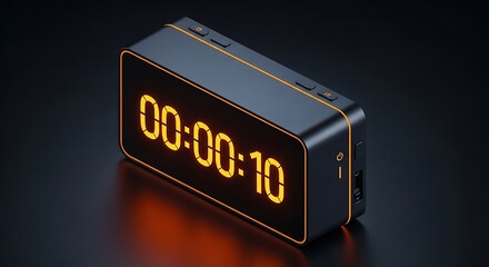 Modern Compact Digital Timer with Bright Orange LED Display Showing 00:00:10 on Dark Reflective Surface, Emphasizing Precision and Contemporary Design