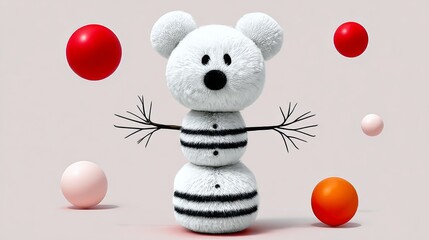 A white teddy bear is standing on top of a snowman. The snowman is surrounded by several red and orange balls. The image has a playful and festive mood, as it depicts a winter scene with a cute