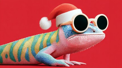 A colorful lizard wearing a Santa hat and sunglasses. The lizard is sitting on a red background. The image is a playful and festive representation of a lizard dressed up for the holidays