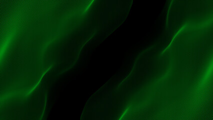 Green color hi-tech particles slowly moving in cyberspace forming loop able wave pattern on black background