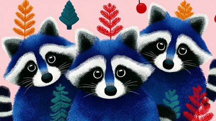 Three raccoons are sitting together in a forest scene. Scene is playful and lighthearted, as the raccoons are depicted as cute and friendly