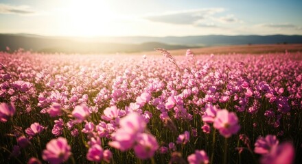 Fototapeta premium Sunlit field of vibrant pink wildflowers under a soft blue sky