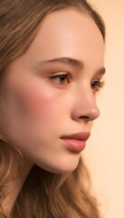 Fototapeta premium Serene portrait of a young woman embracing soft beauty with gentle makeup and warm lighting