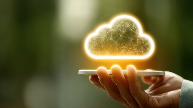 a businessperson using a smartphone with a cloud icon hologram technology concept on an office background, representing the online service of a mobile application in a business data storage setting.