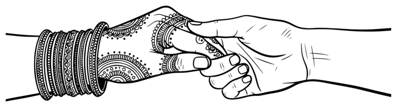 Black and white vector line art drawing of Indian wedding couple holding hands with mehndi isolated PNG with Transparent Background