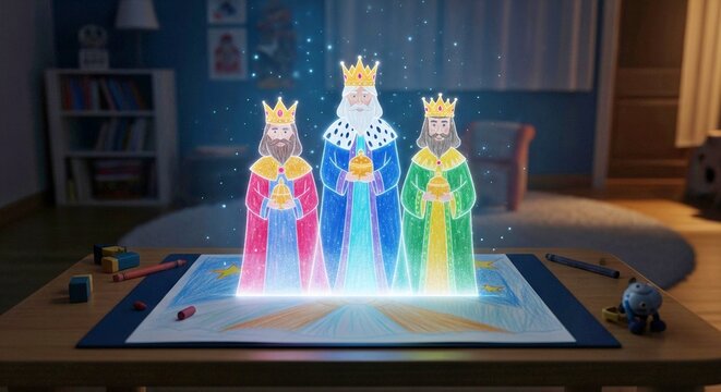 A magical hologram of the Three Magi emerges from a child&rsquo;s drawing on a desk, glowing with wonder and light