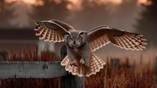 Majestic Owl's Flight: An owl in mid-flight with wide wings, captivating viewers as it soars through the open sky.