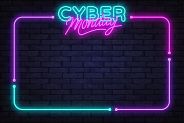 Bright neon title Cyber Monday with colorful glowing border, leaving space for promo text or discount offer. Vector illustration