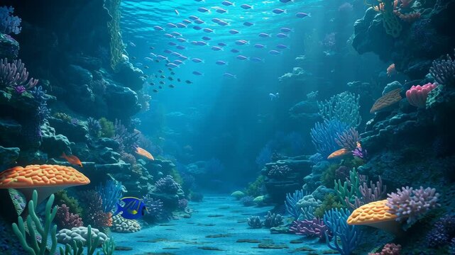 A coral reef with many different colored fish swimming around. The fish are in various sizes and colors. A peaceful underwater scene with coral formations and sea