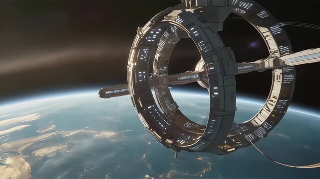 Futuristic Space Station Orbiting Earth with Glowing Lights and Realistic Sci-Fi Design in Outer Space