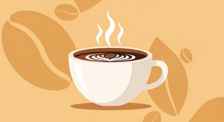 Obraz premium Steaming hot coffee in a white mug, surrounded by coffee bean graphics