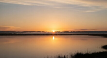 Obraz premium Beautiful sunrise illuminating the calm waters of a lake, reflecting soft colors in morning glow