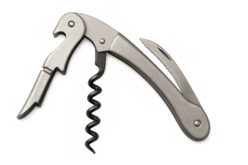 Sommelier corkscrew displaying wine opener, bottle opener, and serrated foil cutter tool on transparent background
