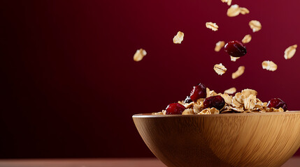 A bowl of wholesome granola with cranberries, captures the essence of natural goodness in a single frame. Oats and berries falling into the bowl.