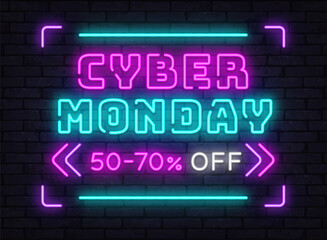 Obraz premium Futuristic neon sign announcing Cyber Monday with big glowing letters and discount details, perfect for digital shopping ads.