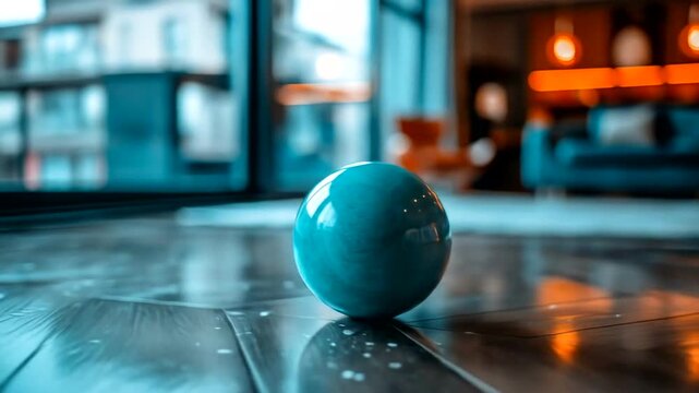Serene azure sphere graces reflective floor bathed in light