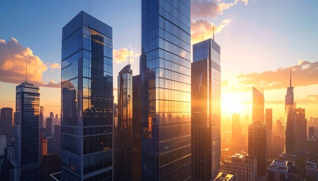 morning city building glass reflection skyscraper closeup sunlight modern urban skyline blue sky clean architecture