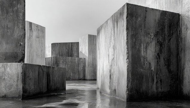Black and white shot of a series of large, concrete rectangular blocks in a room