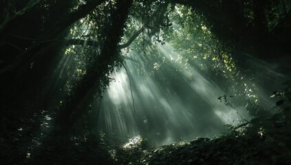 Dramatic scene of a forest canopy illuminated by sunlight beams breaking through the leaves