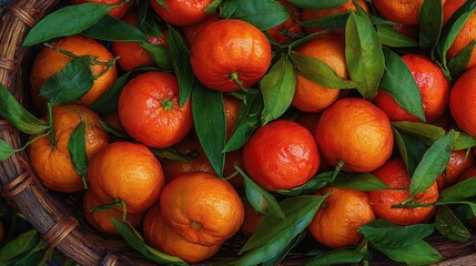 Fresh ripe tangerines with green leaves in a woven basket, close-up of citrus fruit harvest and natural produce.