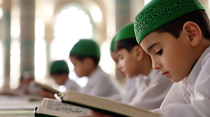 Boys in green caps learning from a book. The boys sit in a line, dressed in white. They look very focused on the book. The room is bathed in soft, natural light, creating a serene atmosphere.