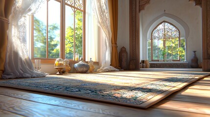 Light-filled ornate room with patterned carpet and large arched windows