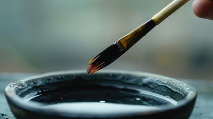 A close-up of a paintbrush hovering above a small bowl of black ink. The brush has fine bristles and the bowl is made of dark ceramic.