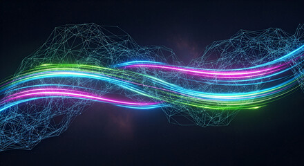 Abstract Network Structure With Neon Light Streaks