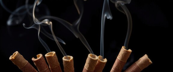 Close-up of several lit incense sticks with smoke rising against a black background, representing relaxation and meditation concepts.