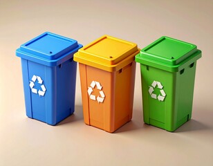 Vibrant blue, orange, and green recycling bins promoting eco-friendly waste disposal for a cleaner planet