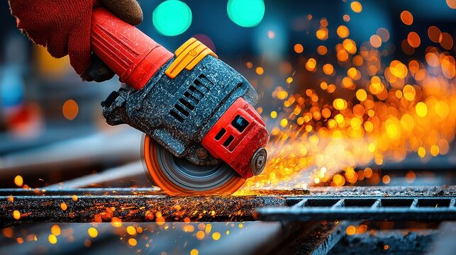 A gloved worker uses an angle grinder on a metal bar, creating shower of sparks in a dark environment. The scene highlights industrial work and material processing