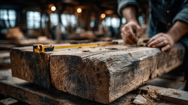 A carpenter is working on a wooden beam, preparing it for woodworking. He's using a chisel, with a measuring tape on the lumber, showcasing craftsmanship and the essence of woodworking - Powered by Adobe
