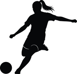 Female soccer player silhouette kicking ball, black sports illustration, athletic action design,
