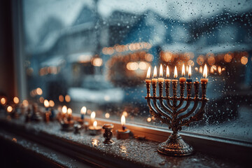A copper menorah with flaming candles creates a cozy, festive atmosphere in the room.