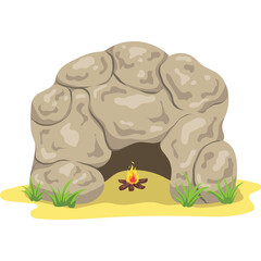 Pixel Art Cave Dwelling With Campfire Burning Brightly Inside A Sandy Environment Surrounded By Green Grass Accents On A Transparent Background
