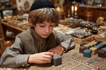 A Jewish boy with a yarmulke on his head arranges dreidels on a table.