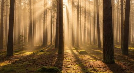 Fototapeta premium Forest sunrise through fog