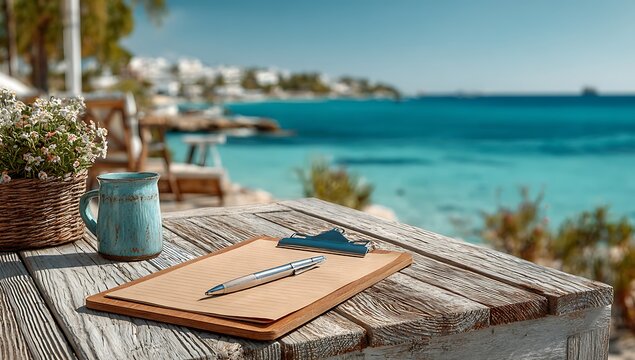 Clipboard and Pen on Wooden Table with Ocean View 83cc79c1 stock