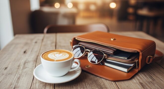 Coffee with latte art, brown leather bag, sunglasses, on wooden table