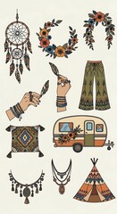 Bohemian Lifestyle Elements Dreamcatcher, Floral Wreaths, and Travel Caravan Illustration