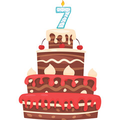 Pixel Art Chocolate Birthday Cake With Seven Candles And Red Cherry Topping For A Seventh Birthday Celebration