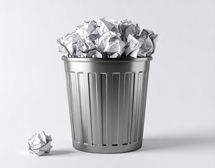 Crumpled paper fills a metal trash can, representing discarded thoughts, failed projects, and the concept of waste management