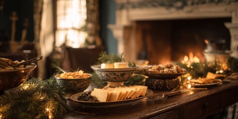 Fototapeta premium Cozy Holiday Cheese and Snack Table by the Fireplace