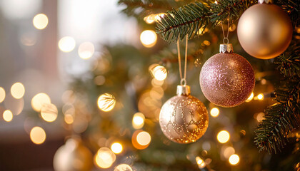 Close Up of Glittering Christmas Ornaments Hanging on a Tree with Warm Holiday Lights