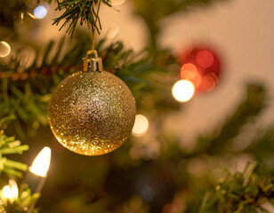 Close Up of Glittering Christmas Ornaments Hanging on a Tree with Warm Holiday Lights